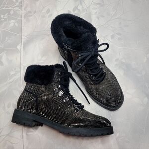 New Steve Madden Black Meta Bejeweled Chunky‎ Ankle Boots Booties Faux Fur 7.5
